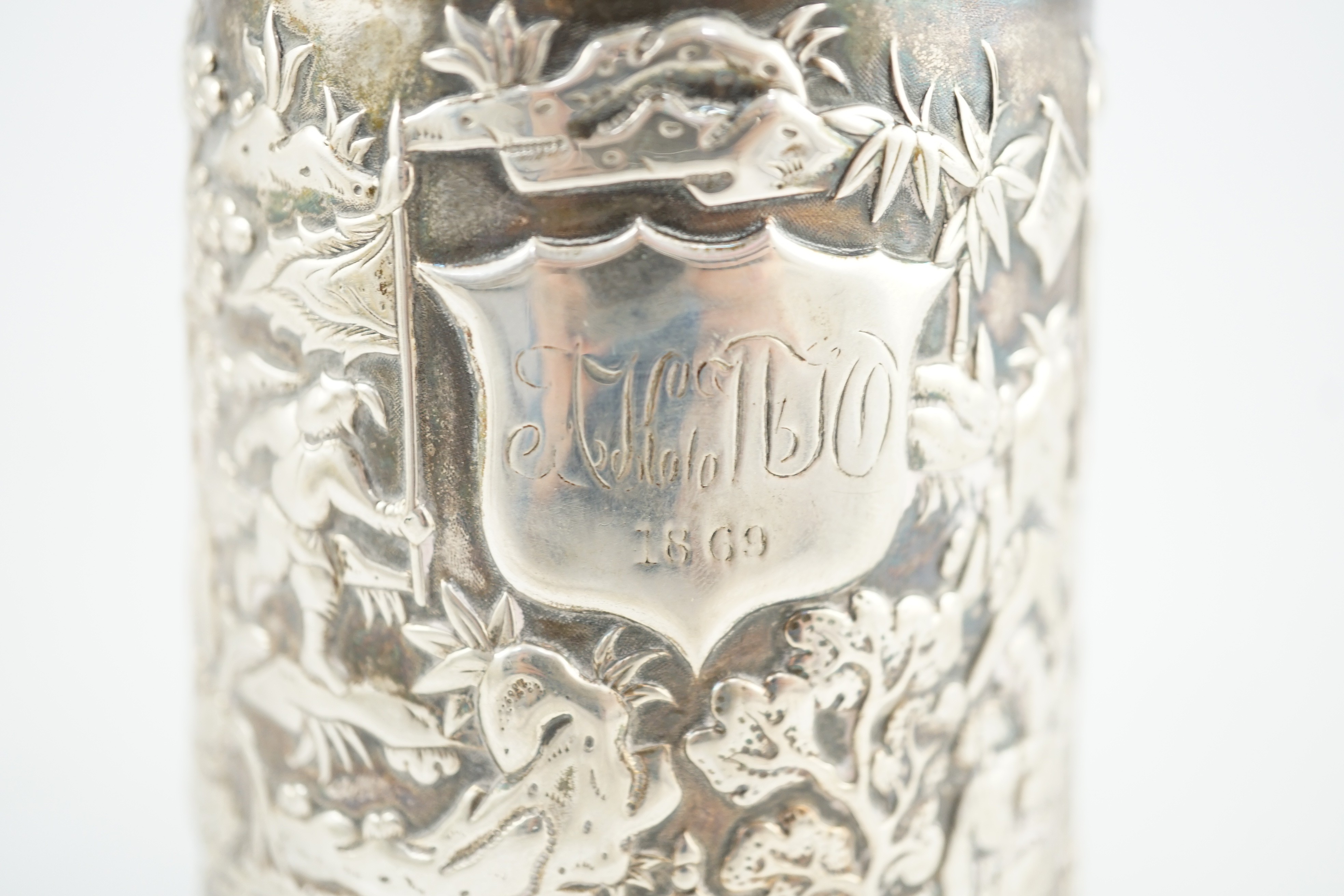 A 19th century Chinese Export double skinned silver mug, by Leeching (a.f.)